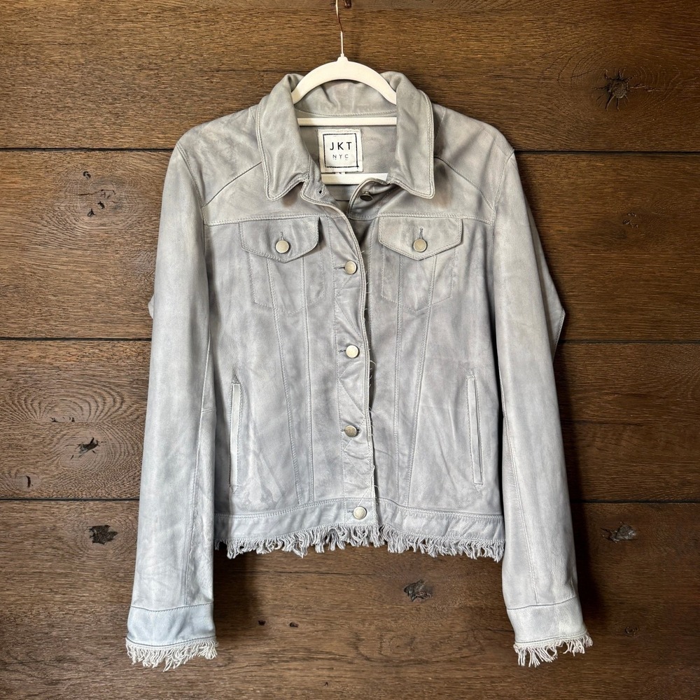 JKT NYC Alexa Patina Leather Jacket S Silver Gray‎ Frayed Hem Button Front